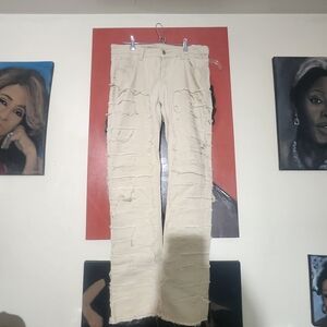 Distressed Stacked Cream Jeans